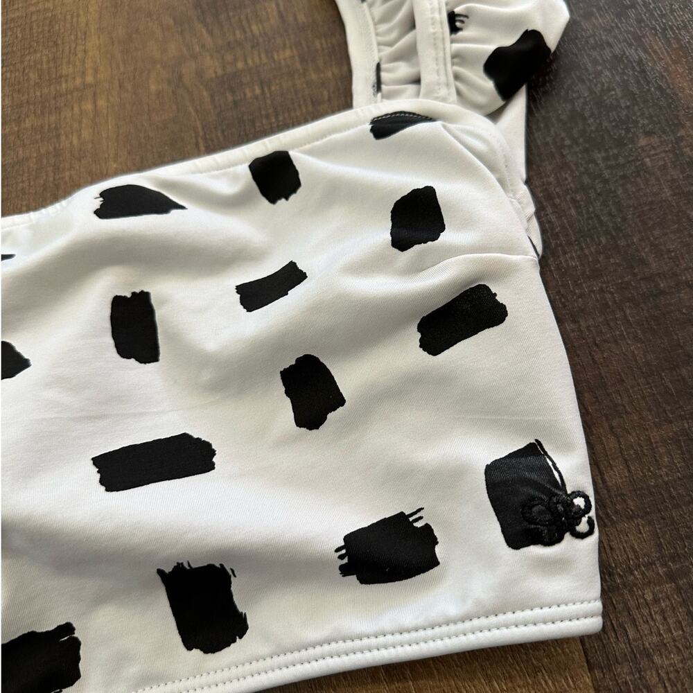 Albion Fit Black White Ruffle Strap Bikini Top Polka Dot Swim Top Size Small - Picture 3 of 9